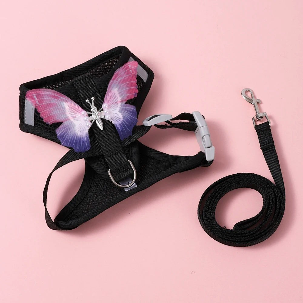 Harnais gilet noir Esprit Chat pour chat avec motif papillon rose et violet et laisse assortie sur fond rose