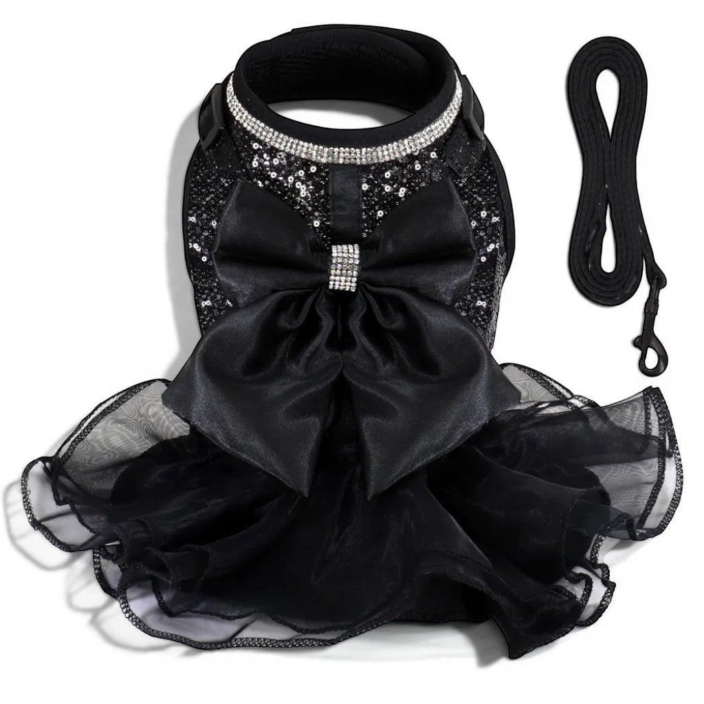 Harnais Esprit Chat noir pour petit chien ou chat avec sequins, nœud papillon en satin et jupe en tulle