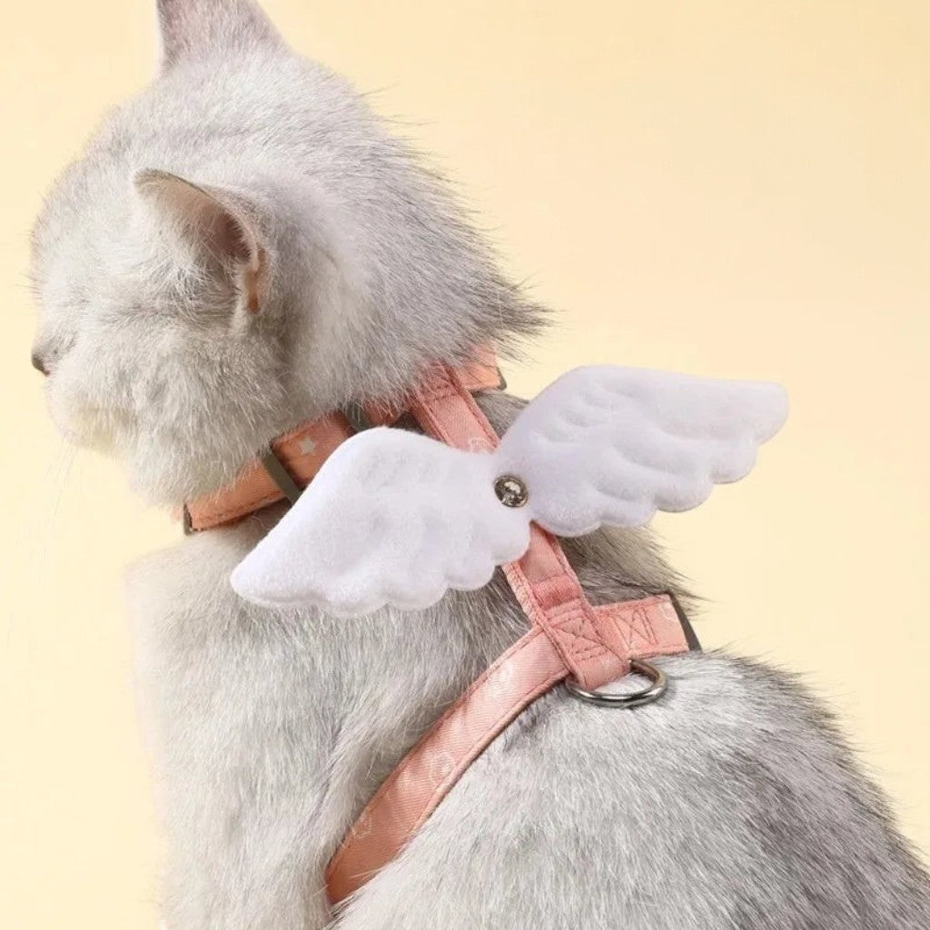Harnais Esprit Chat rose pour chaton avec ailes d'ange blanches en tissu doux et motif étoiles