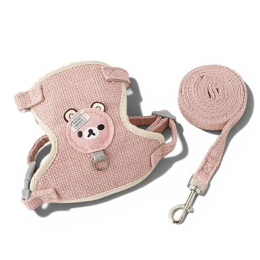 Harnais Esprit Chat rose en polyester avec motif ours mignon et laisse assortie pour chat