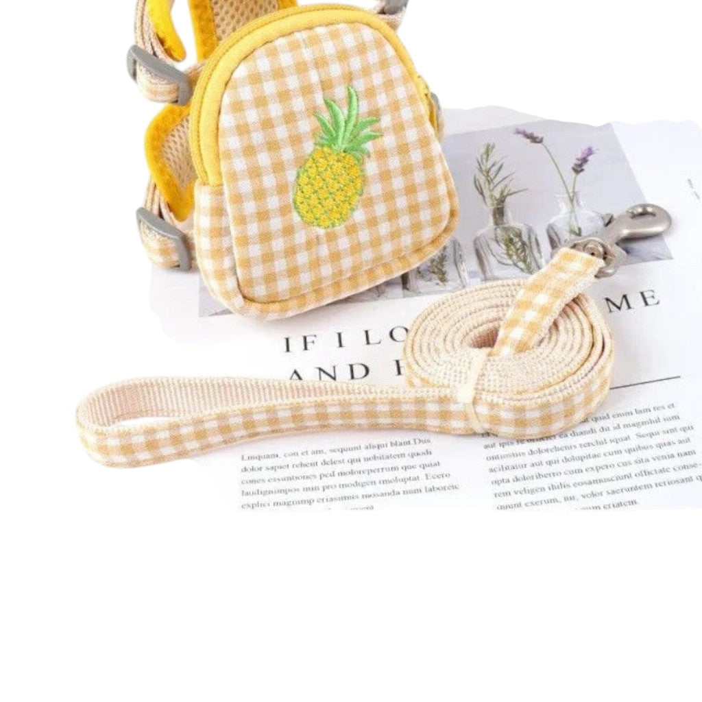 Harnais Esprit Chat jaune à carreaux avec petit sac à dos motif ananas et laisse assortie pour chat ou petit chien