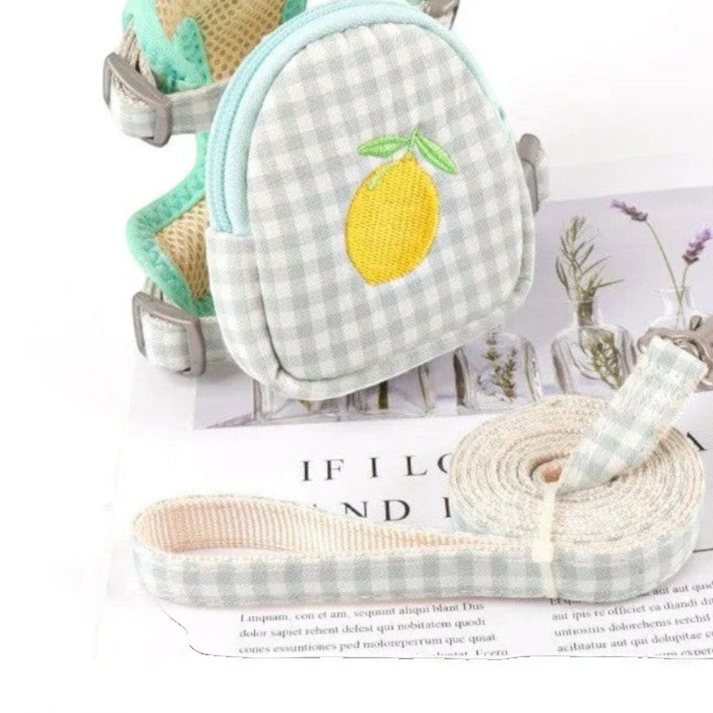 Harnais Esprit Chat avec petit sac à dos à motif citron et laisse assortie en tissu vichy respirant pour chat