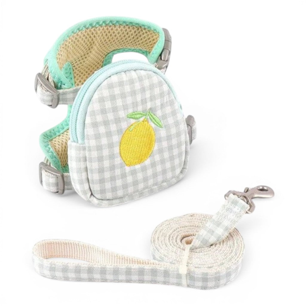 Harnais Esprit Chat avec sac à dos motif citron, en polyester respirant à carreaux gris pour chat ou petit chien.