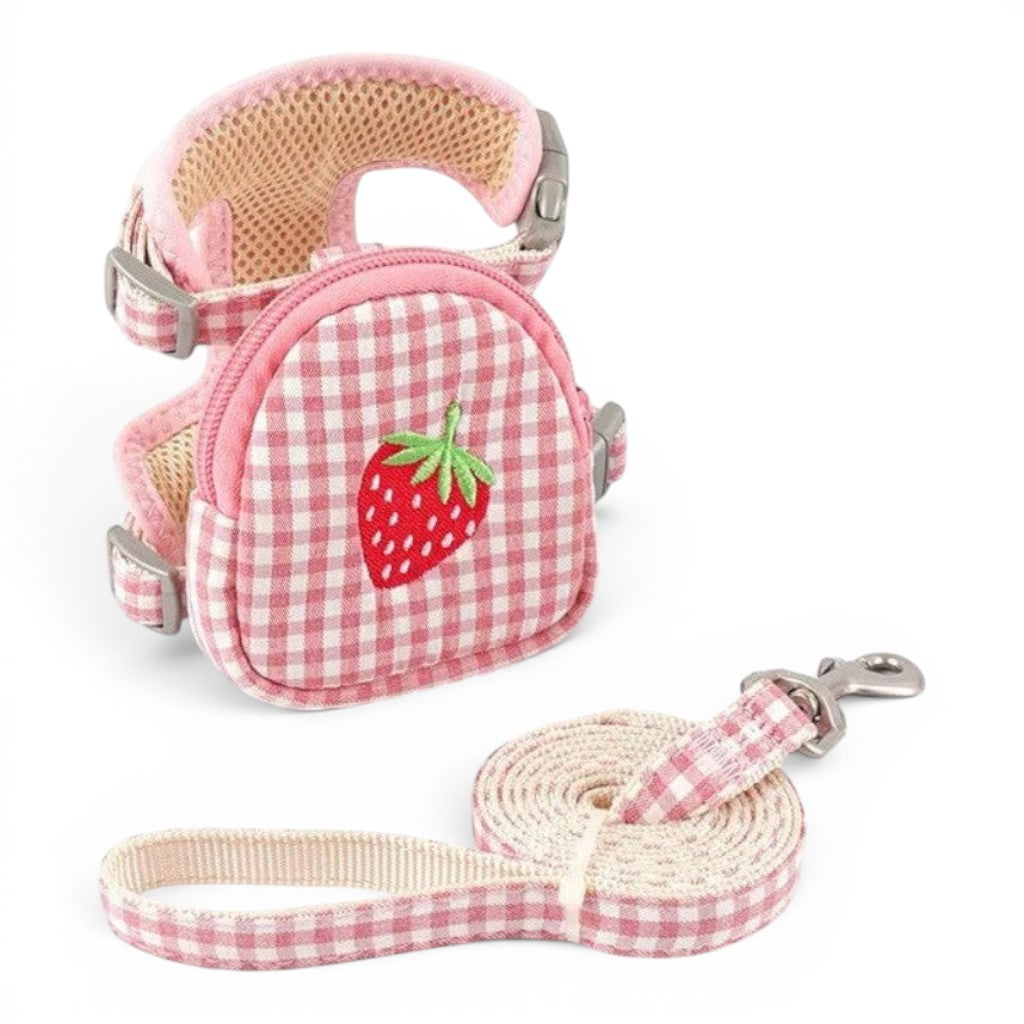 Harnais Esprit Chat rose à motif fraise avec petit sac à dos intégré et laisse assortie en tissu respirant
