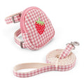 Harnais Esprit Chat avec petit sac à dos rose à motif fraise et laisse assortie en tissu vichy pour chat