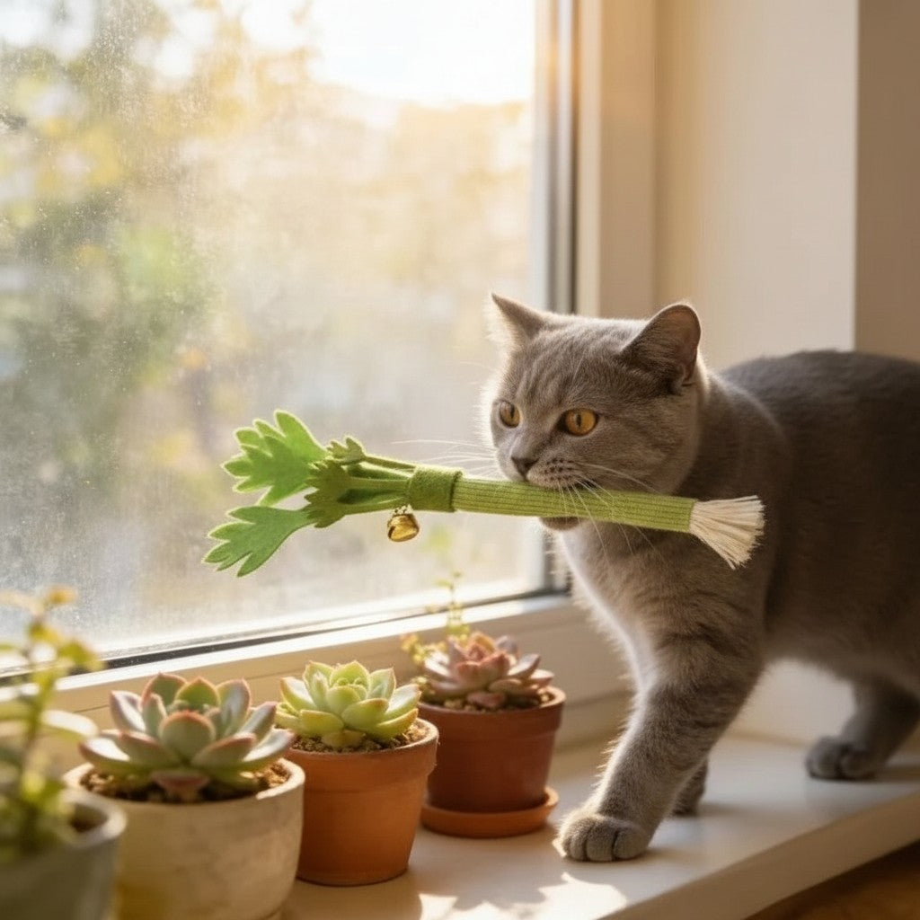 Un chat gris joue avec un jouet à mâcher en feutrine en forme de céleri de la marque Esprit Chat près d'une fenêtre.