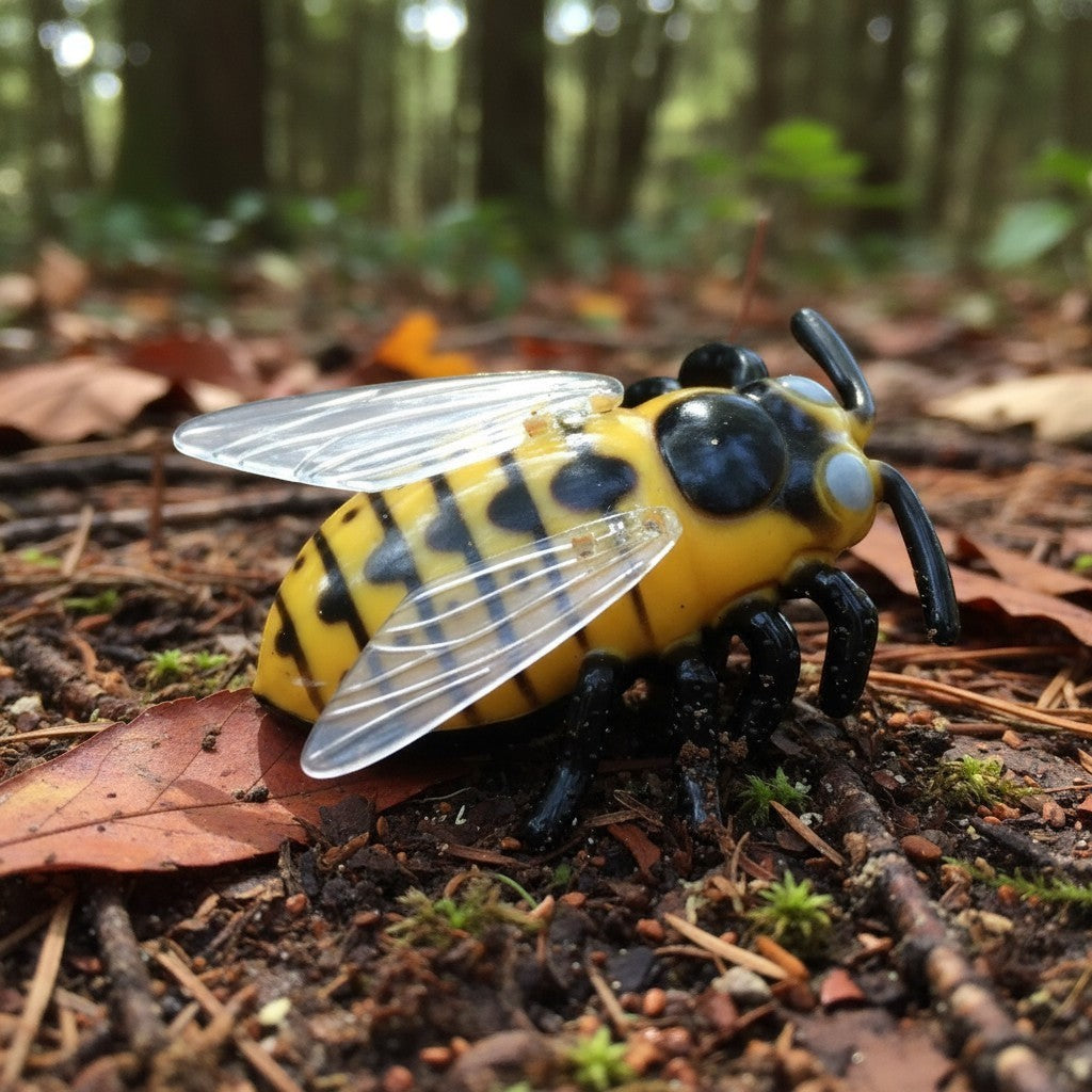 Jouet chat insecte électrique jaune et noir en plastique avec des ailes transparentes, sur le sol de la forêt.