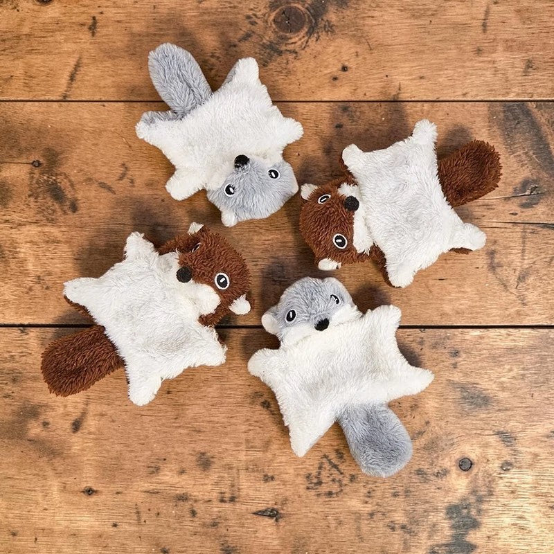 Esprit Chat jouets pour chats en peluche courte, 4 jouets en forme d'écureuil volant, blancs, gris et marron, avec couineur et papier froissé.
