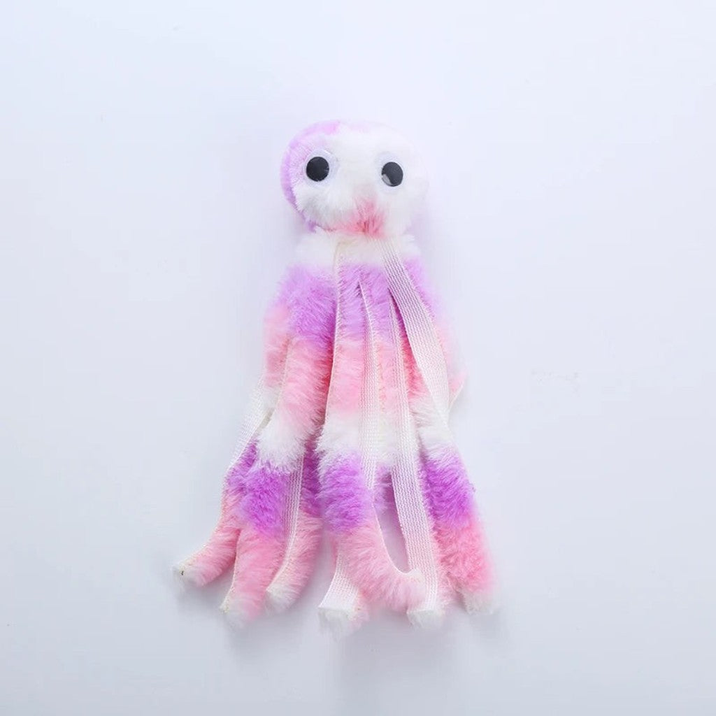 Jouet en peluche Esprit Chat en forme de poulpe rose et violet, doux et amusant pour divertir votre chat.