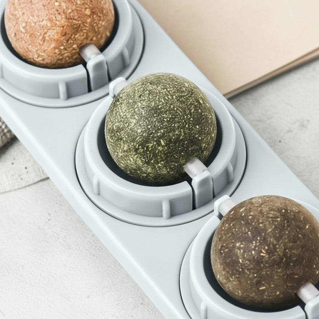 Jouet Esprit Chat avec trois boules d'herbe à chat rotatives en plastique pour le soin des dents et la digestion