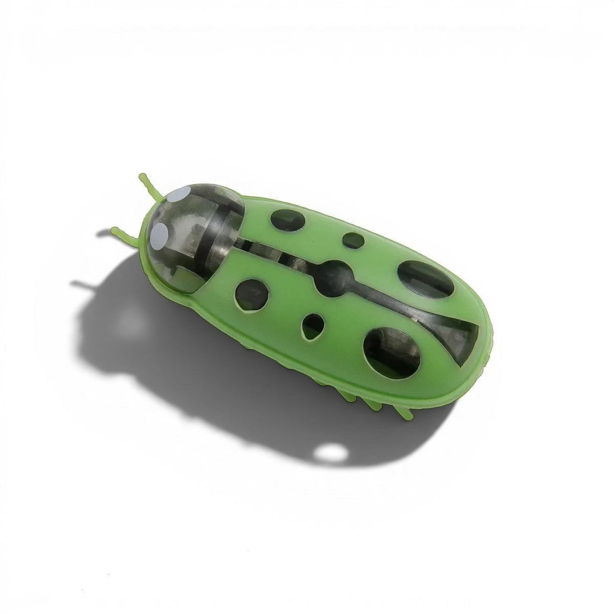 Jouet Esprit Chat en forme d'insecte vert en plastique, avec des points noirs et des antennes, pour chats.