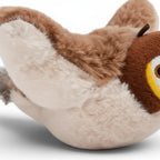 Jouet interactif Esprit Chat en forme d'oiseau en peluche douce marron et beige avec des yeux jaunes expressifs.