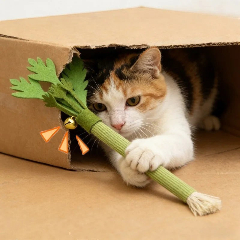 Chat tricolore jouant avec un jouet à mâcher en feutrine en forme de céleri de la marque Esprit Chat
