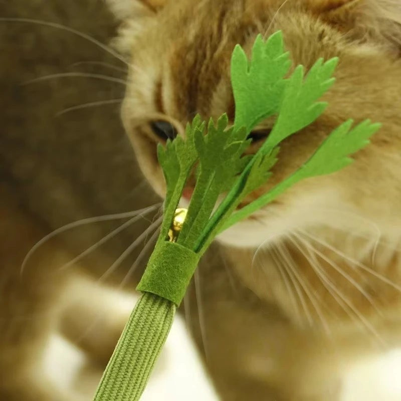 Jouet à mâcher en feutrine verte en forme de céleri pour chat, proposé par Esprit Chat, avec un grelot intégré.