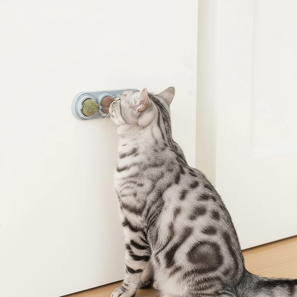 Chat gris tacheté léchant un jouet mural Esprit Chat rotatif à l'herbe à chat pour l'hygiène dentaire