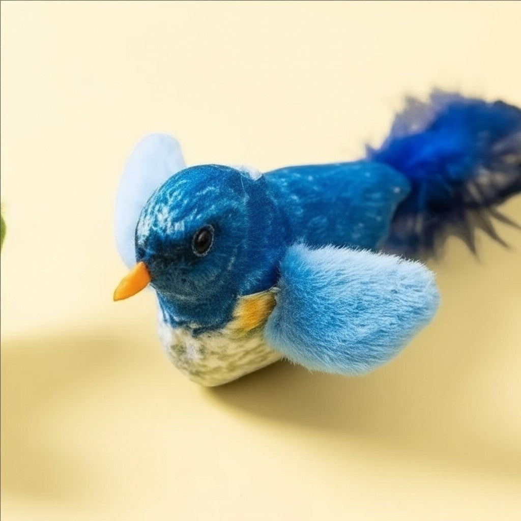 Jouet oiseau bleu en peluche avec plumes pour chat Esprit Chat, émettant un son réaliste au toucher.