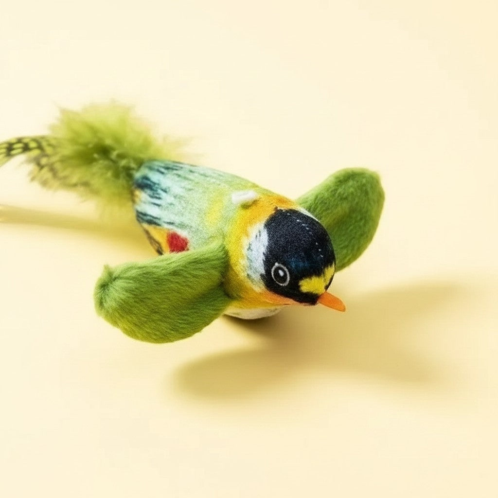 Jouet oiseau Esprit Chat en peluche verte et plumes avec capteur sonore pour stimuler l'instinct de chasse du chat