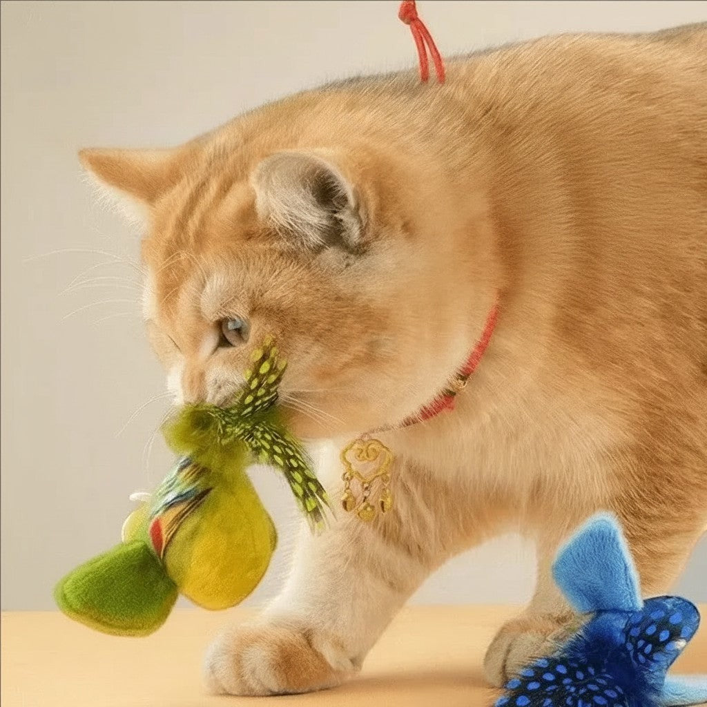 Chat roux jouant avec un jouet oiseau interactif en peluche et plumes de la marque Esprit Chat