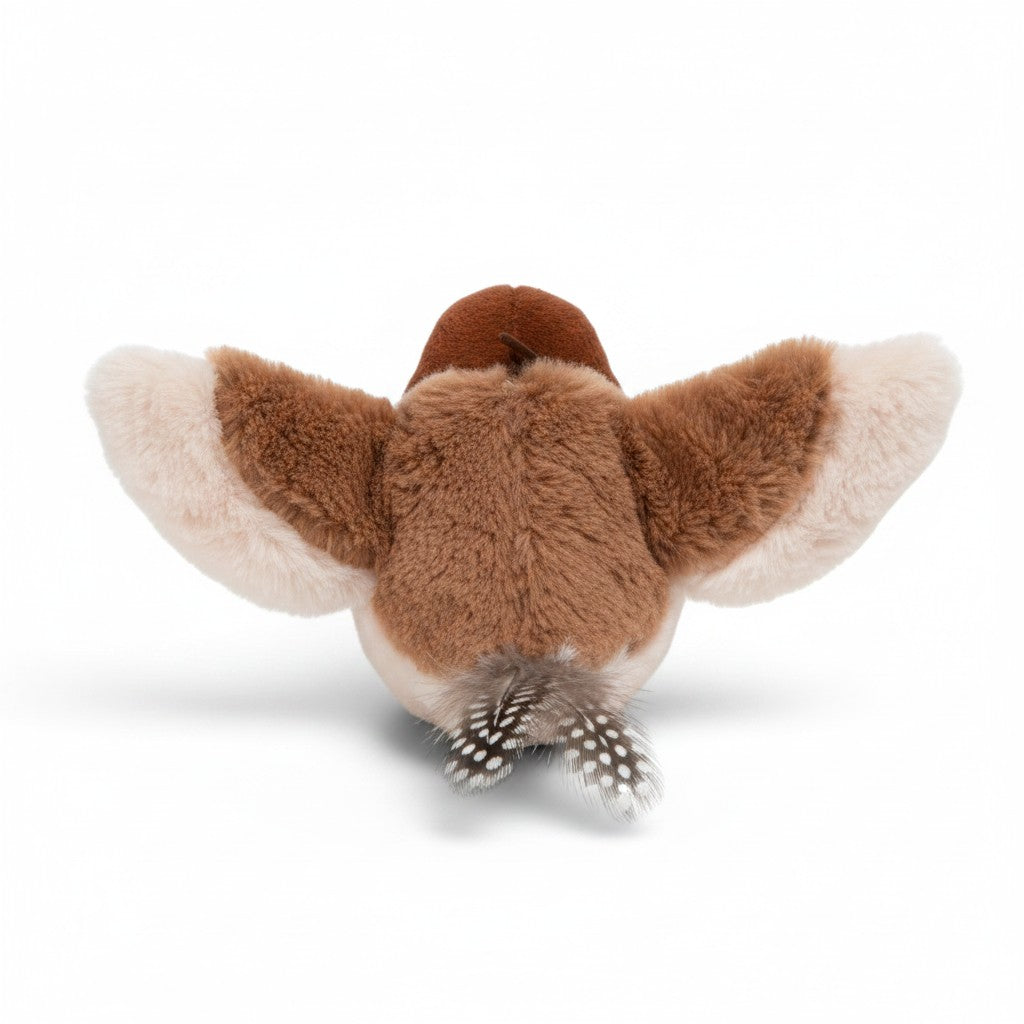 Jouet interactif Esprit Chat en forme d'oiseau en peluche douce marron avec des plumes pour stimuler votre chat.