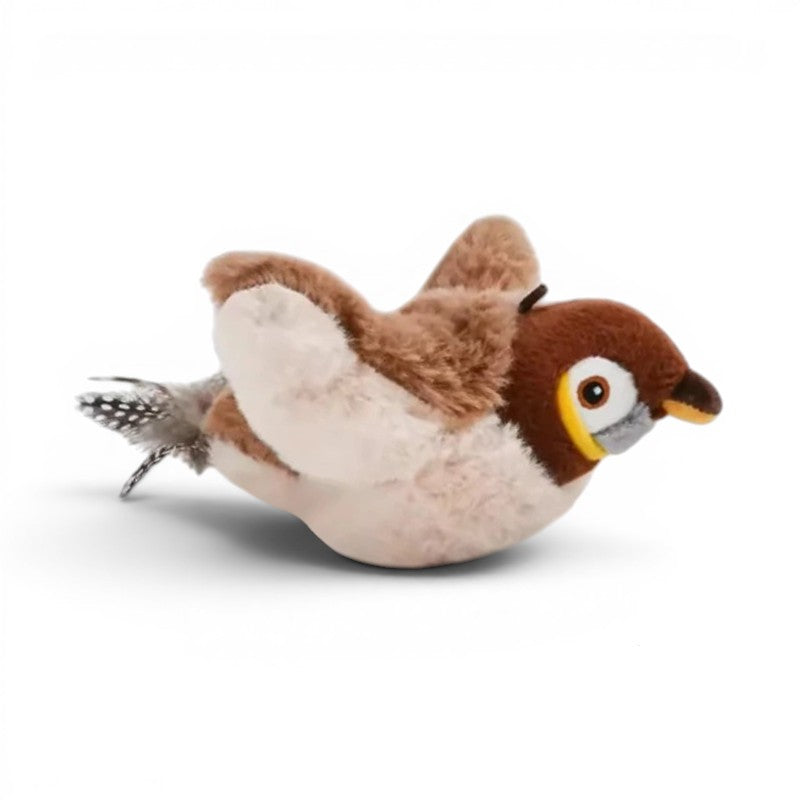 Jouet interactif Esprit Chat en forme d'oiseau en peluche marron et blanc avec plumes pour stimuler votre chat