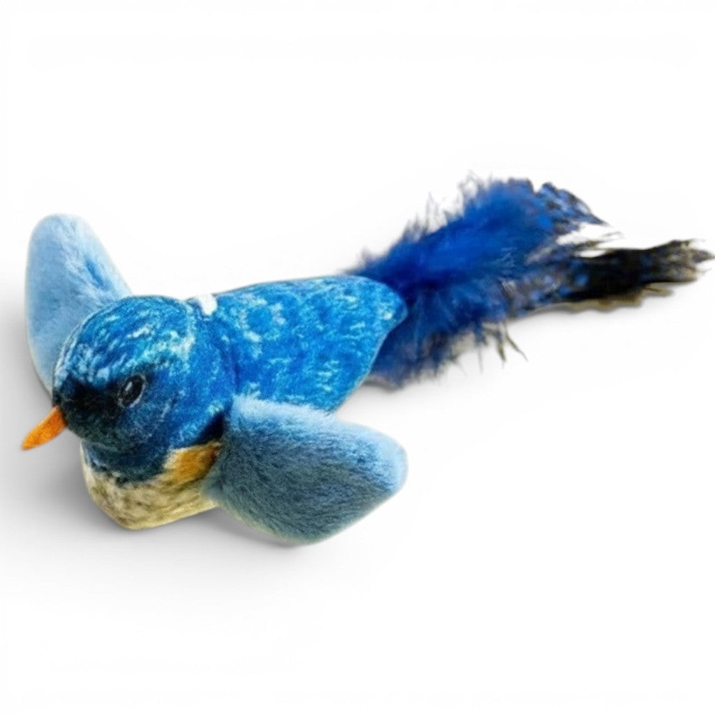 Jouet oiseau bleu en peluche avec plumes pour chat, émettant un son réaliste, par Esprit Chat.