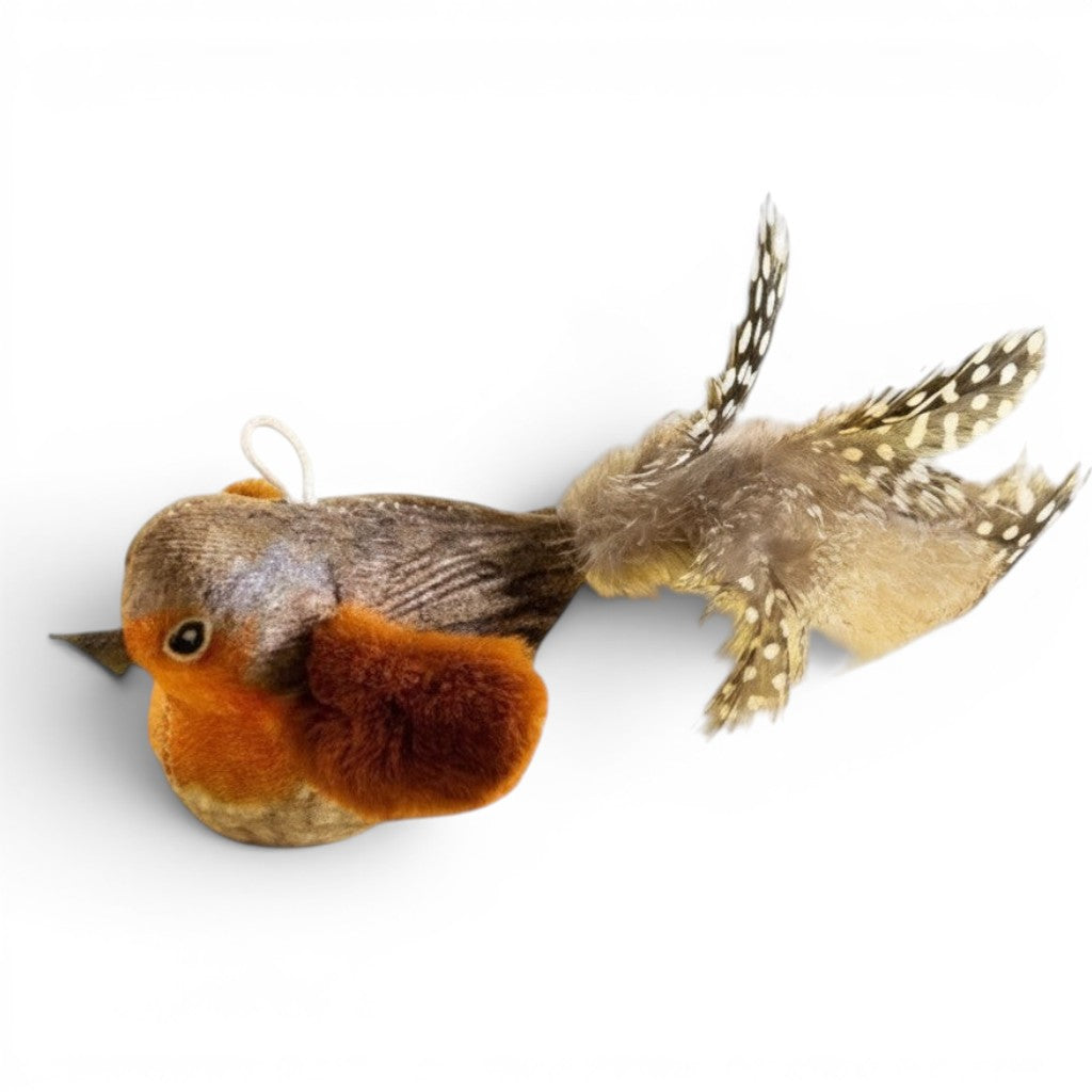 Jouet oiseau Esprit Chat en peluche avec plumes réalistes, émettant un son au toucher pour stimuler le chat.