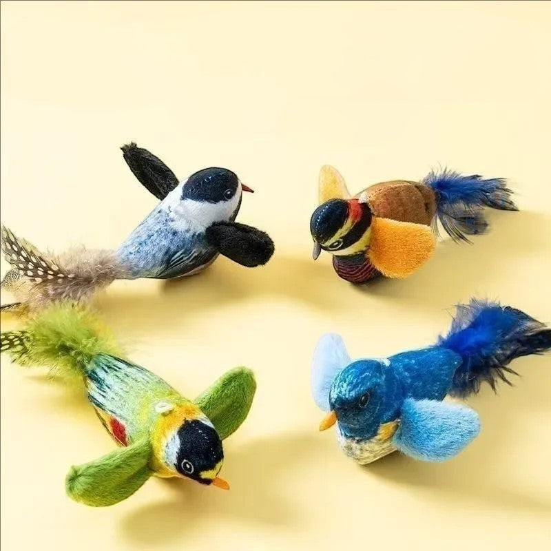 Quatre jouets oiseaux Esprit Chat en peluche et plumes colorées avec capteur sonore pour stimuler l'instinct du chat