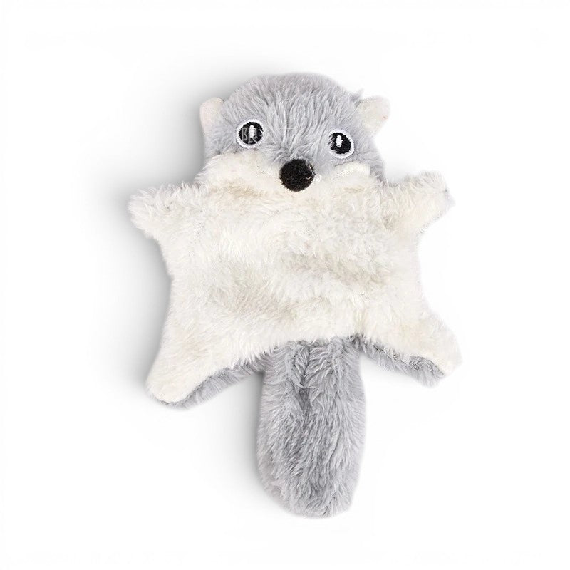 Jouet pour chat Esprit Chat en peluche grise et blanche en forme d'écureuil volant, avec papier froissé et clochette.