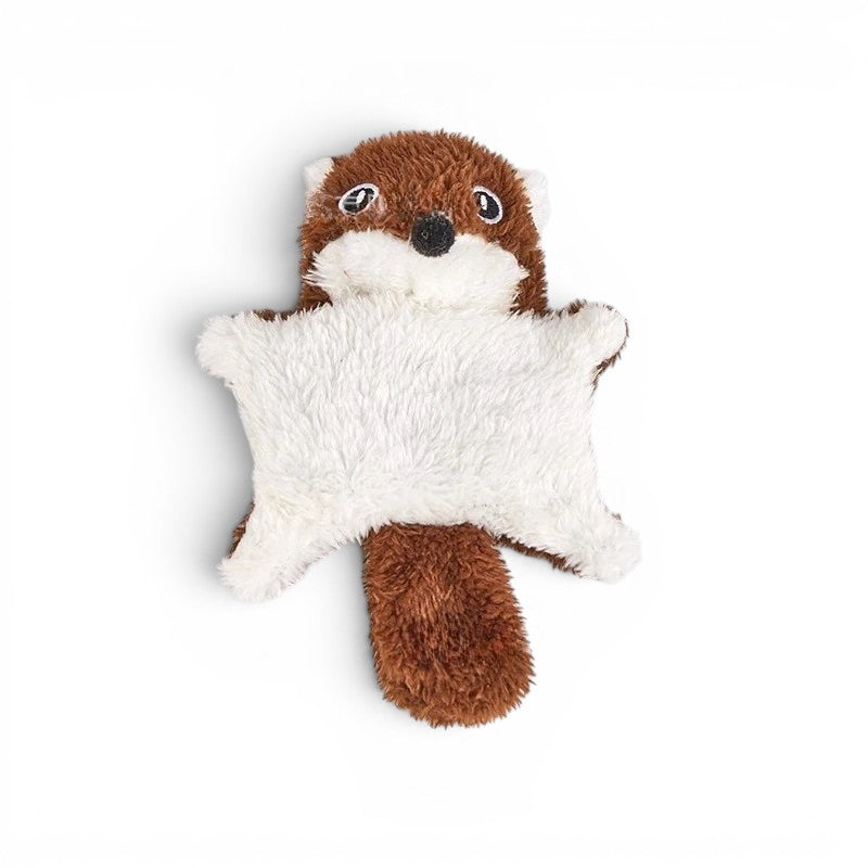 Jouet Esprit Chat en peluche en forme d'écureuil volant marron et blanc avec papier froissé et clochette.