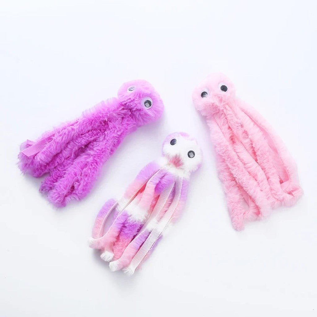 Lot de trois jouets pour chat en forme de pieuvre en peluche douce Esprit Chat, couleurs rose et violet.