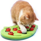 Chat roux jouant avec un puzzle interactif Esprit Chat en plastique vert avec des compartiments rouges pour friandises