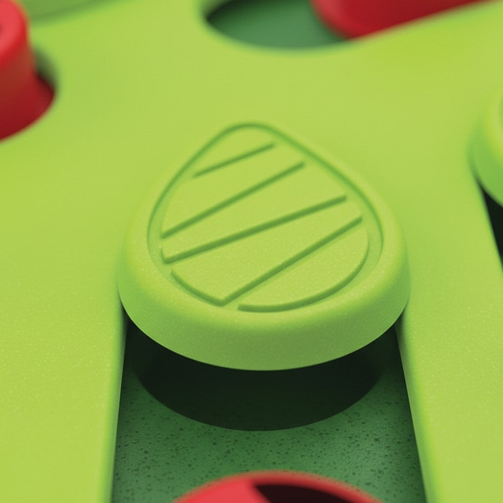 Jouet puzzle Esprit Chat en plastique vert et rouge avec compartiments coulissants pour stimuler l'instinct du chat