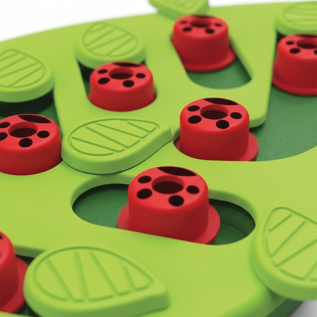 Jouet puzzle interactif Esprit Chat en plastique vert et rouge pour stimuler l'instinct de chasse et nourrir le chat.