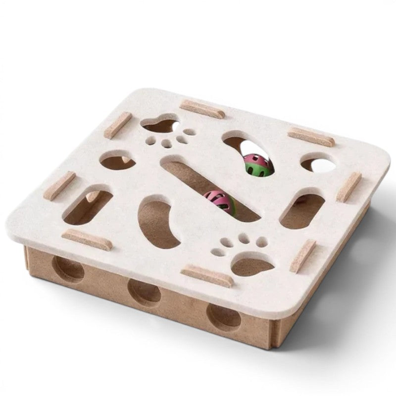 Jouet puzzle interactif Esprit Chat en feutre beige avec balles à grelots pour stimuler l'instinct de chasse du chat