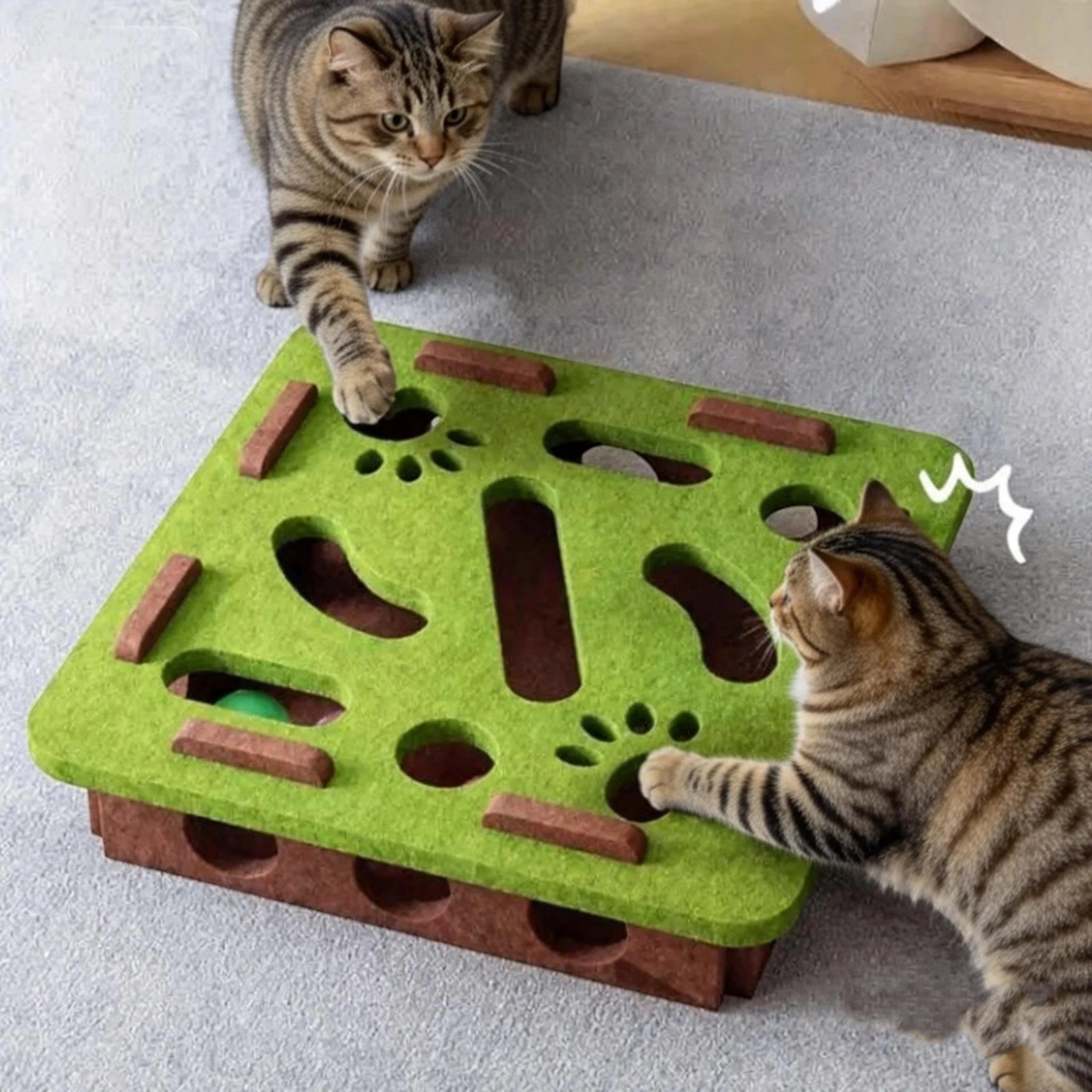 Jouet puzzle Esprit Chat en feutre vert avec des trous pour stimuler deux chats tabby qui jouent ensemble