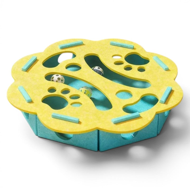 Jouet puzzle interactif Esprit Chat en feutre jaune et bleu avec balles pour stimuler l'agilité et le jeu du chat