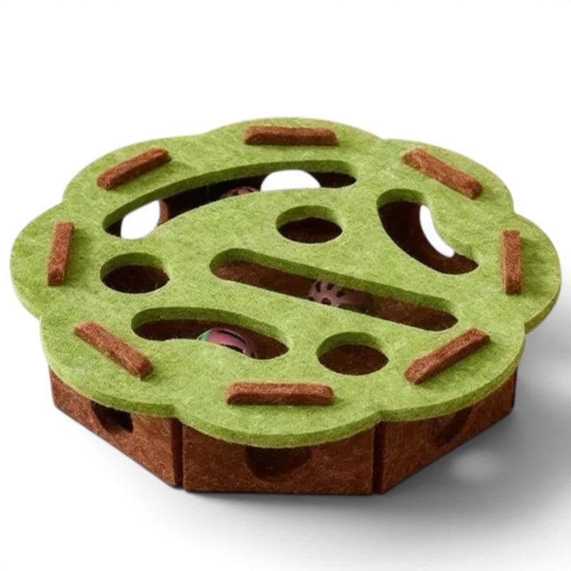 Jouet puzzle interactif Esprit Chat en feutre vert et marron avec balles pour stimuler l'instinct de chasse du chat