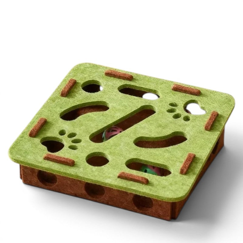 Jouet puzzle interactif Esprit Chat en feutre vert et marron avec balles à grelots pour stimuler l'instinct du chat