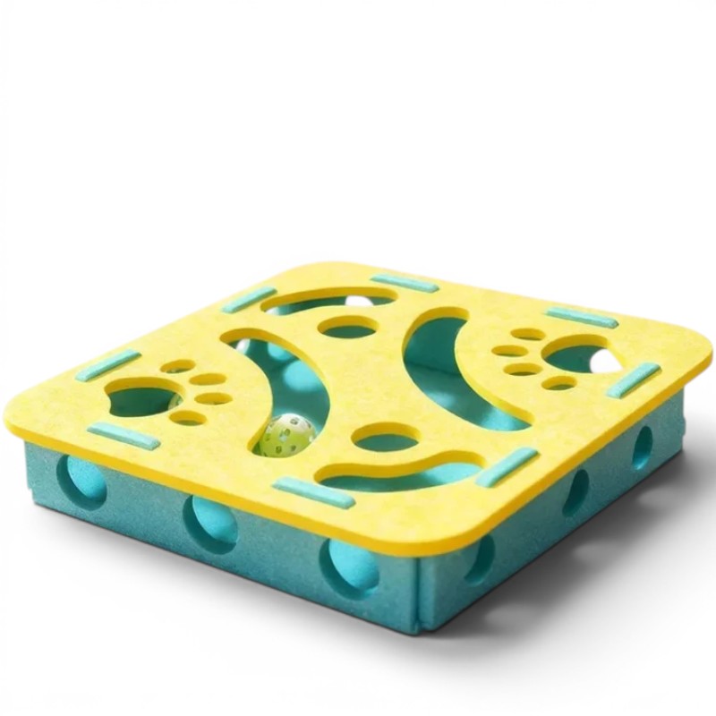 Jouet puzzle Esprit Chat en feutre jaune et bleu avec balles pour stimuler l'activité physique et mentale du chat
