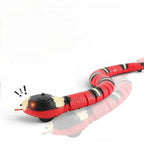 Jouet serpent interactif Esprit Chat en plastique rouge et noir avec yeux lumineux, idéal pour les chats.