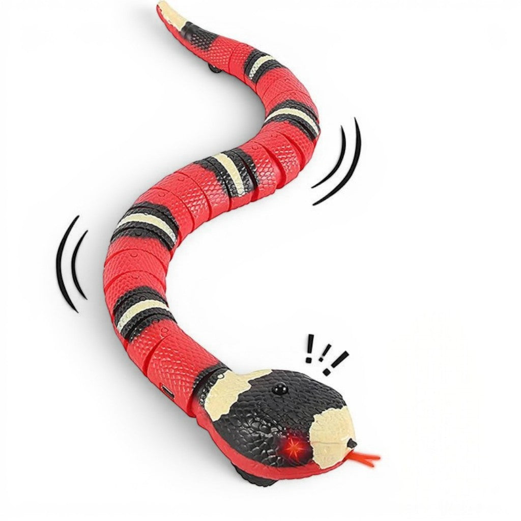 Jouet serpent interactif Esprit Chat, en plastique rouge et noir avec des rayures blanches, à piles, pour chats.