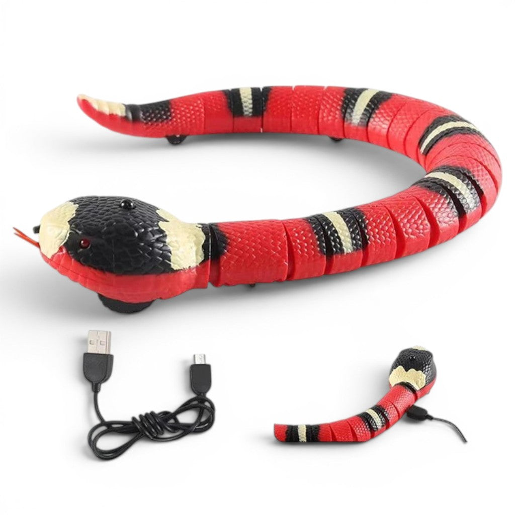 Jouet serpent interactif Esprit Chat, rouge et noir, en plastique, avec fonction de charge USB.