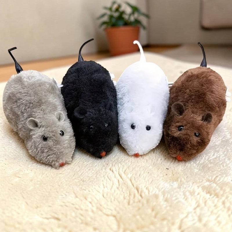 Esprit Chat Jouet pour Chat Souris en peluche grise, noire, blanche et marron avec queue et nez rouges.