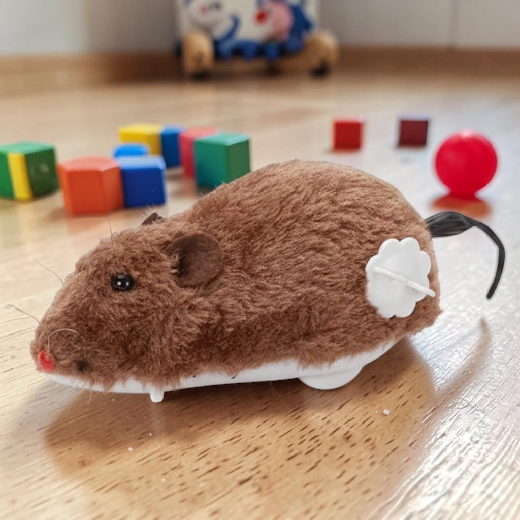 Esprit Chat jouet souris marron en peluche et plastique, avec mécanisme à remonter.
