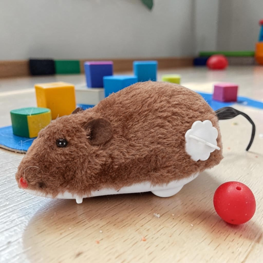 Jouet pour chat Esprit Chat, souris mécanique en peluche marron avec mécanisme à remonter.