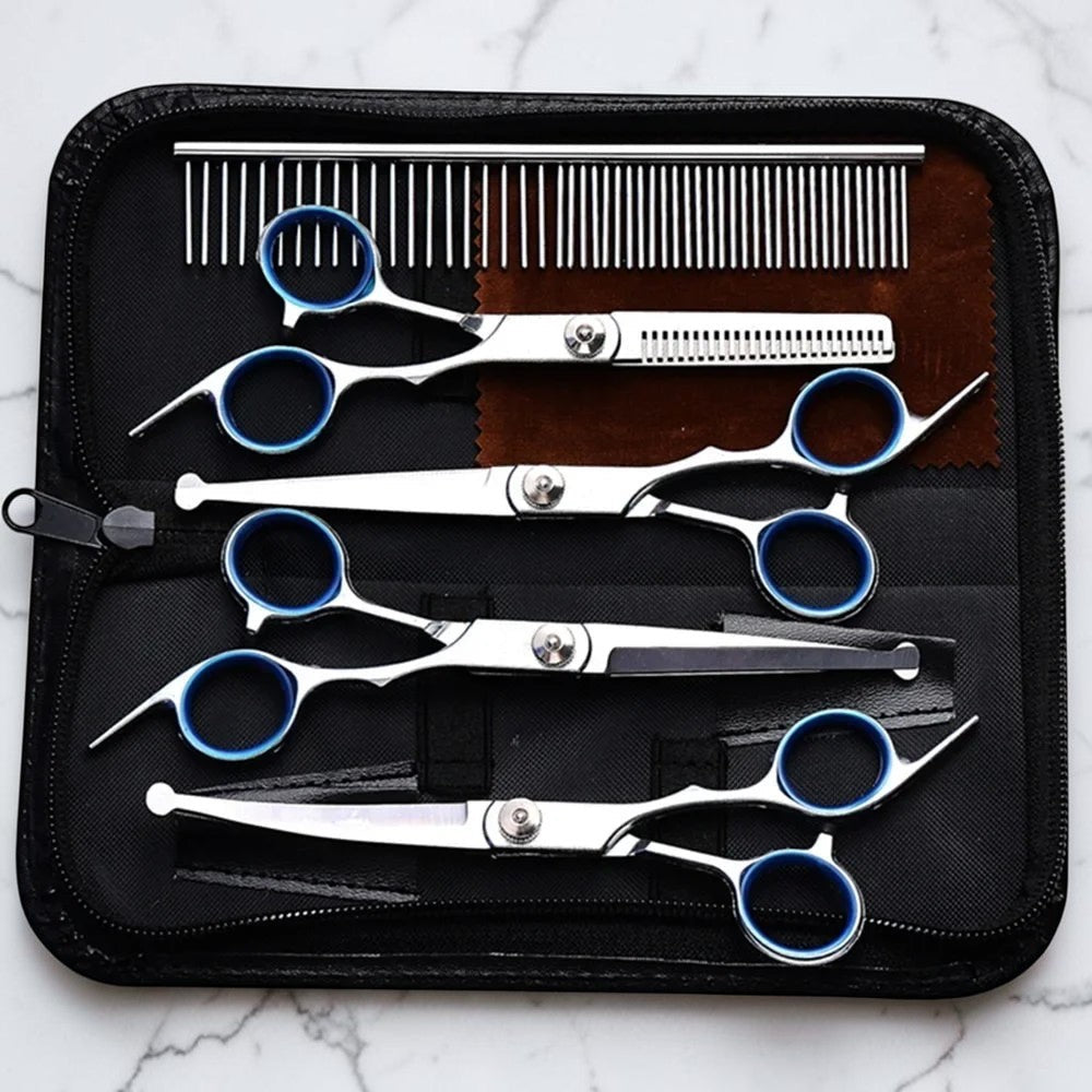 Kit de toilettage Esprit Chat avec ciseaux en acier inoxydable à bouts ronds et peigne dans une trousse noire