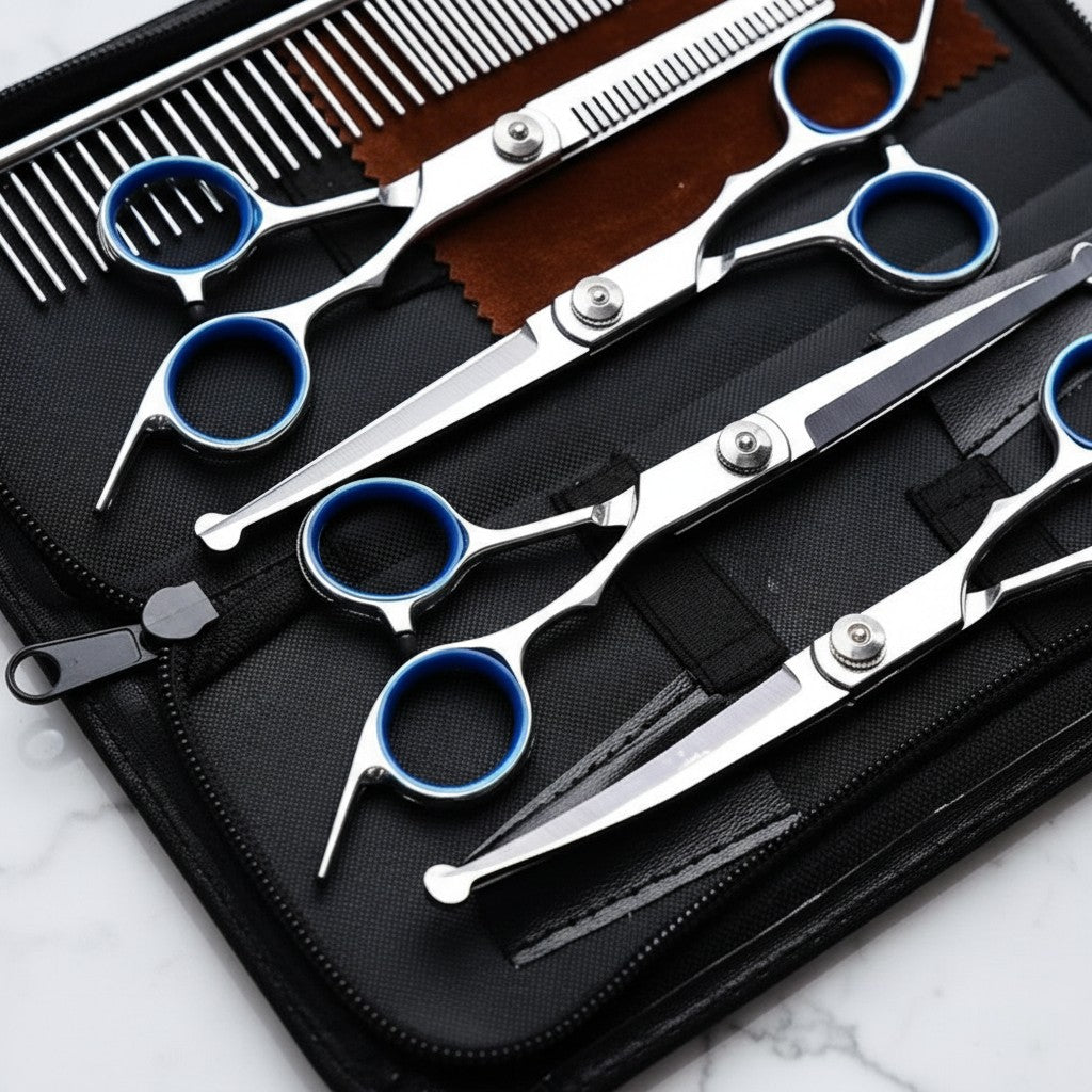 Kit de toilettage Esprit Chat avec ciseaux en acier inoxydable à bouts ronds et peigne dans un étui de rangement noir