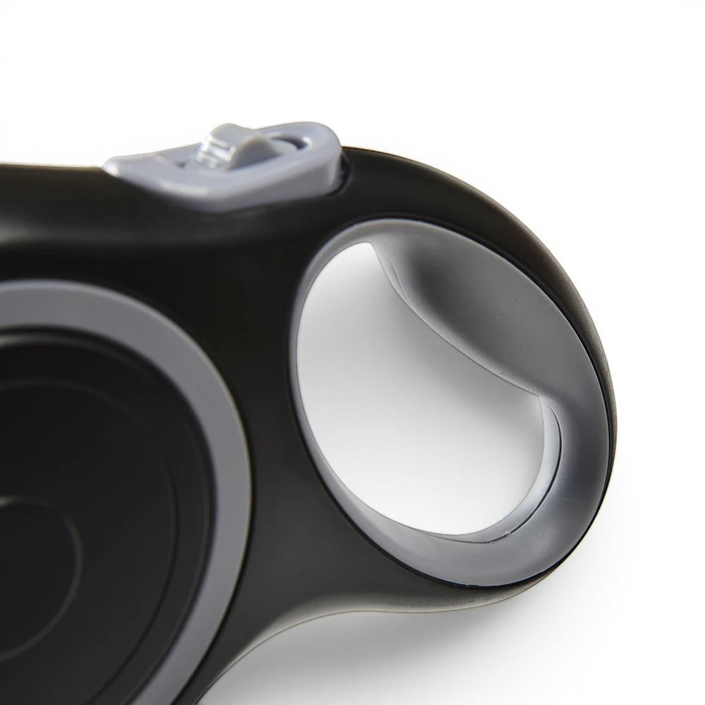 Laisse rétractable Esprit Chat noire et grise avec poignée ergonomique et bouton de verrouillage rapide
