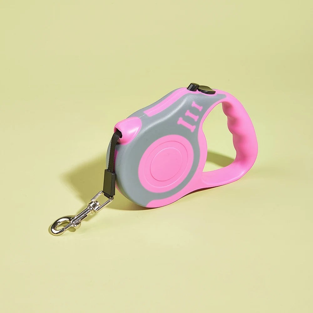 Laisse rétractable Esprit Chat de 5m en plastique rose et gris avec poignée ergonomique et mousqueton métallique