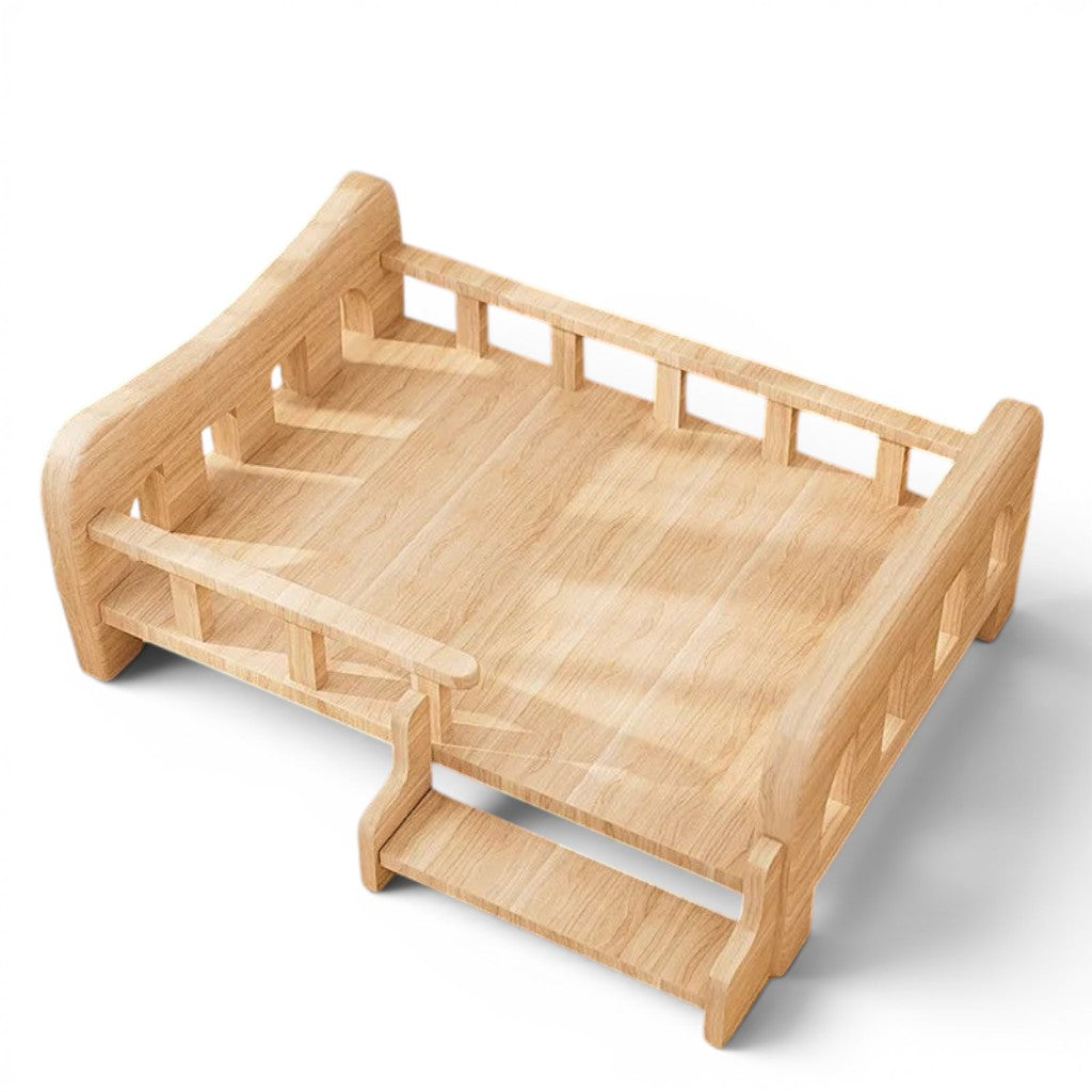Lit pour chat Esprit Chat en bois naturel avec barrières de sécurité et petit escalier d'accès